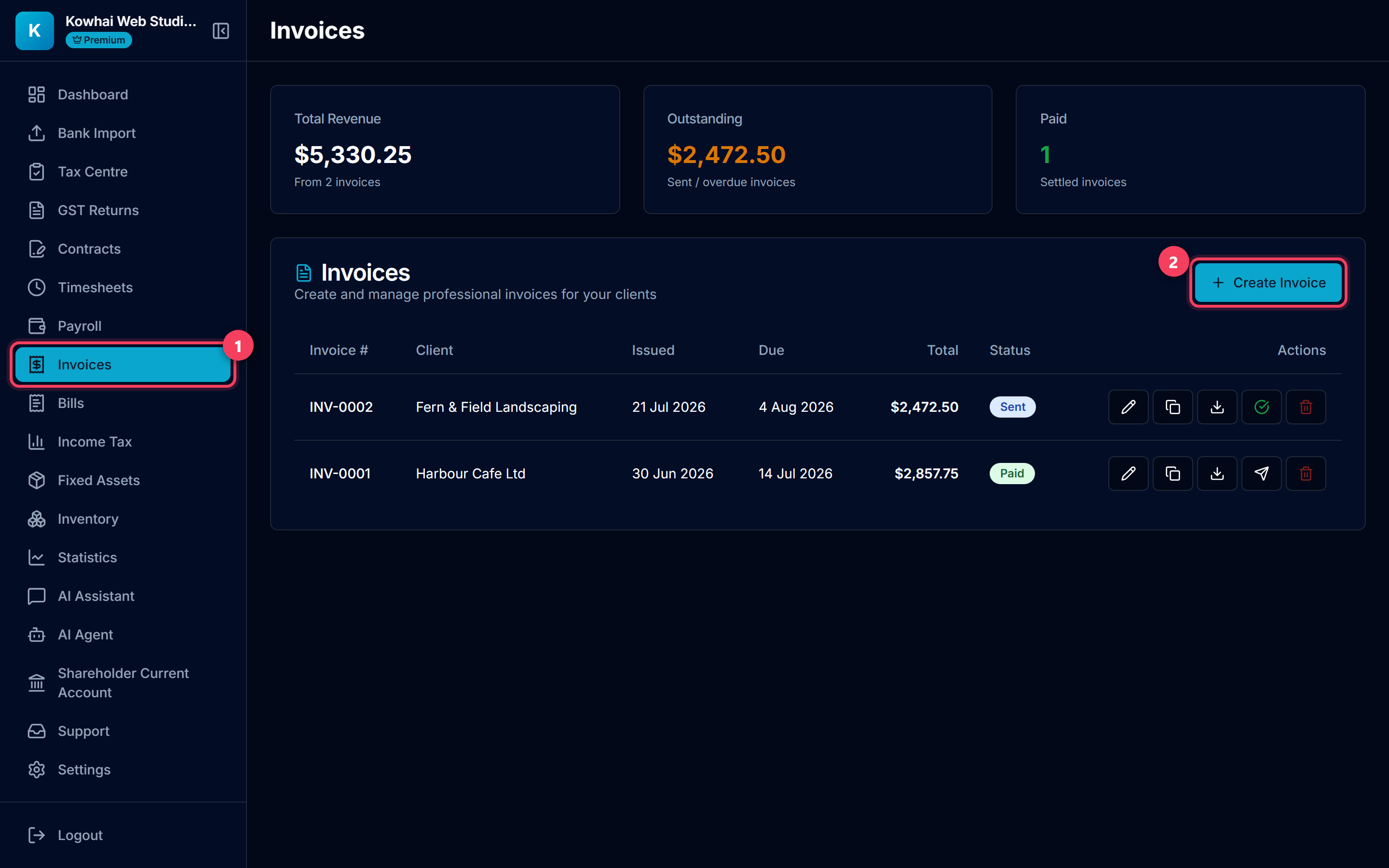 Invoices page with the sidebar item and Create Invoice button highlighted