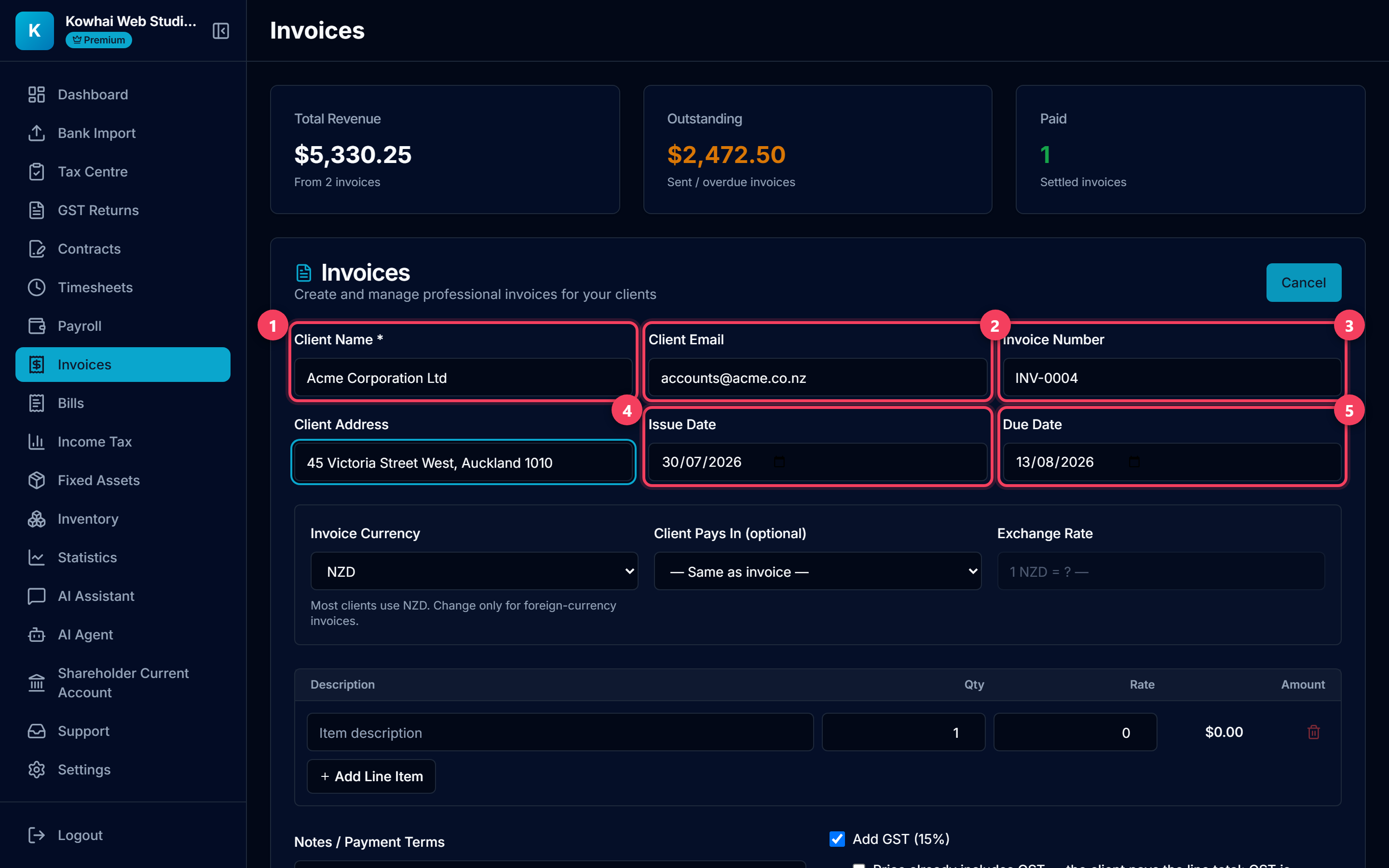 Invoice form client details with each field numbered