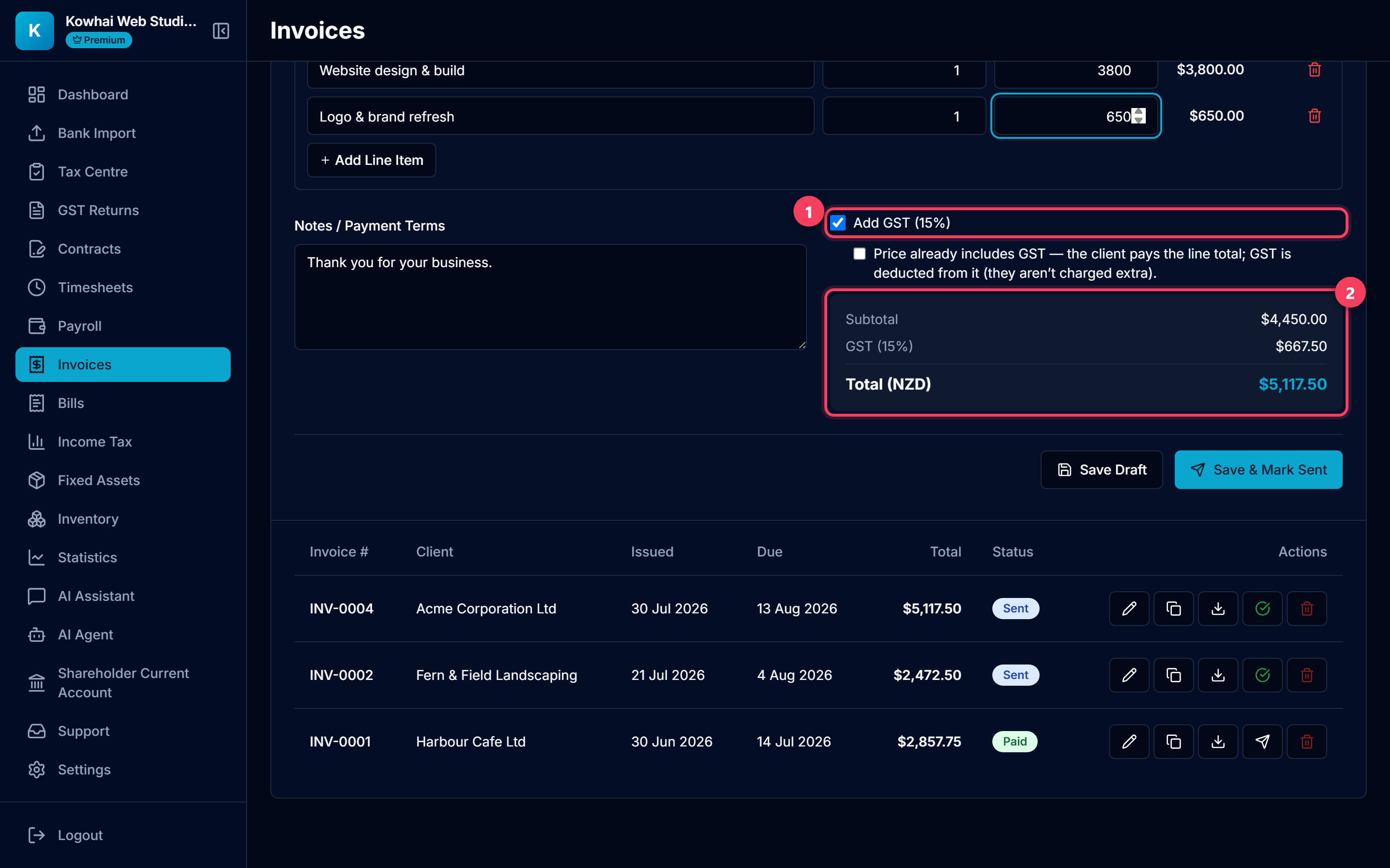 GST checkbox and the live Subtotal, GST and Total summary