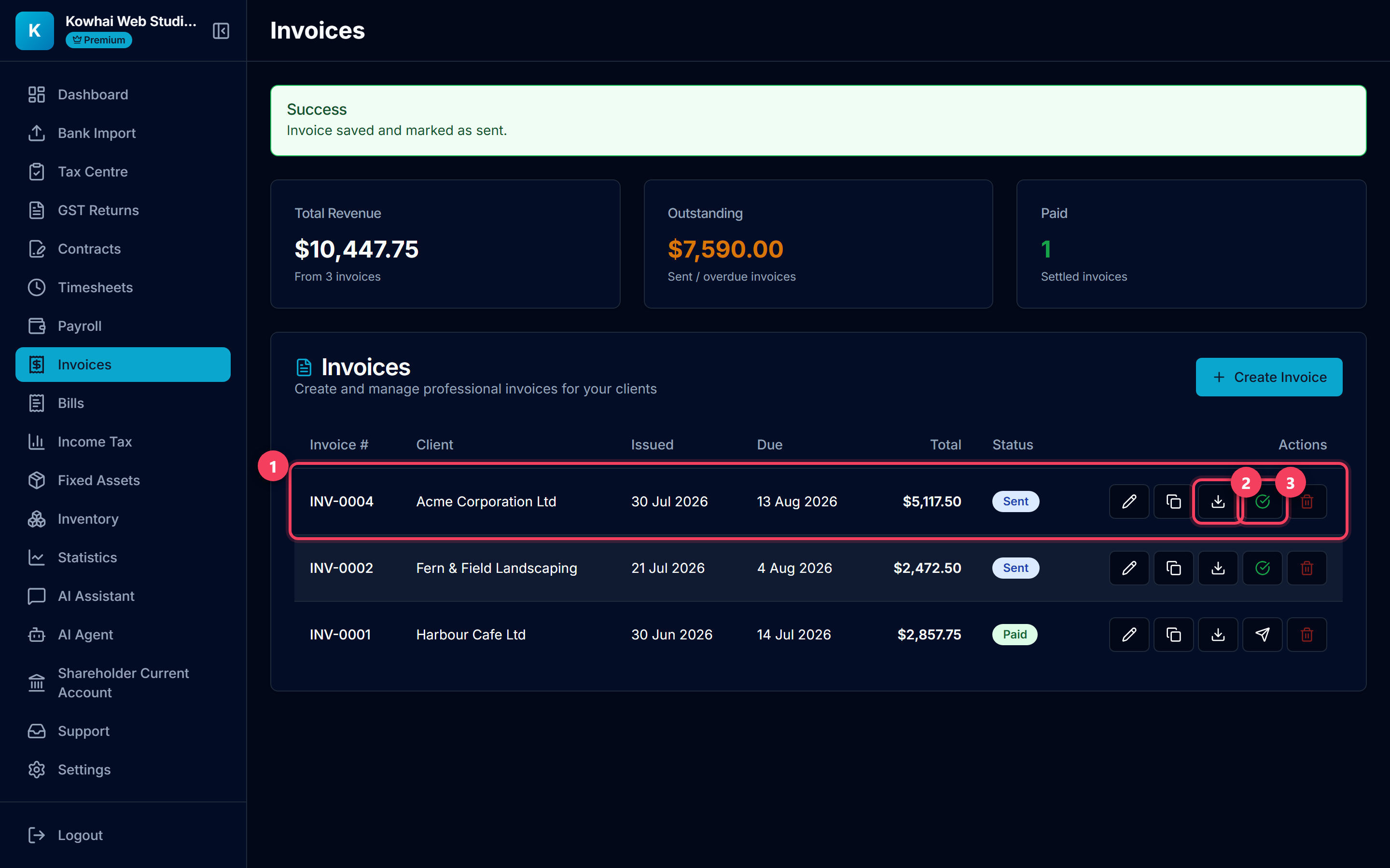 Invoice list showing the new invoice with download and mark-paid actions