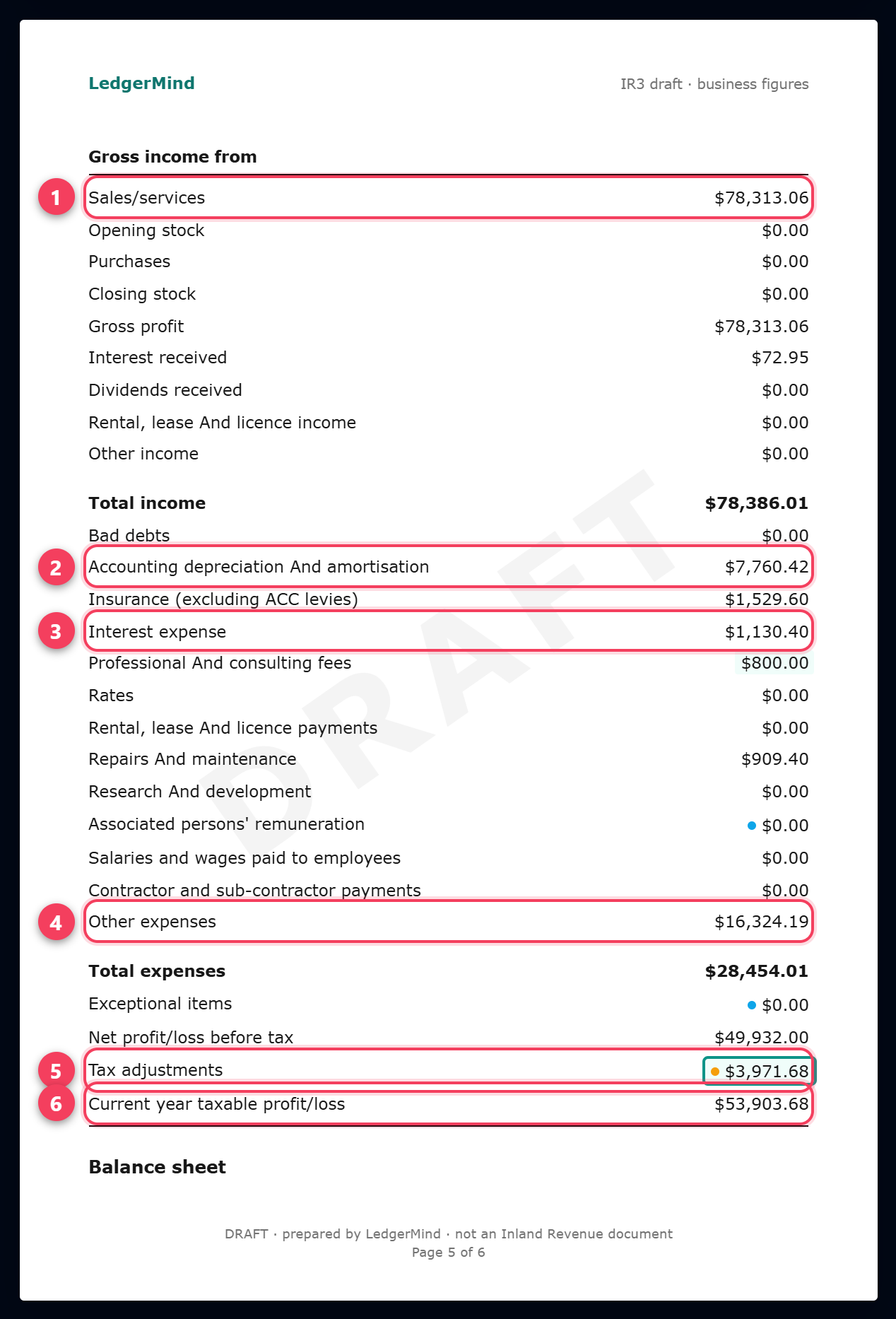 Page 5 of the draft: the IR10 profit and loss statement
