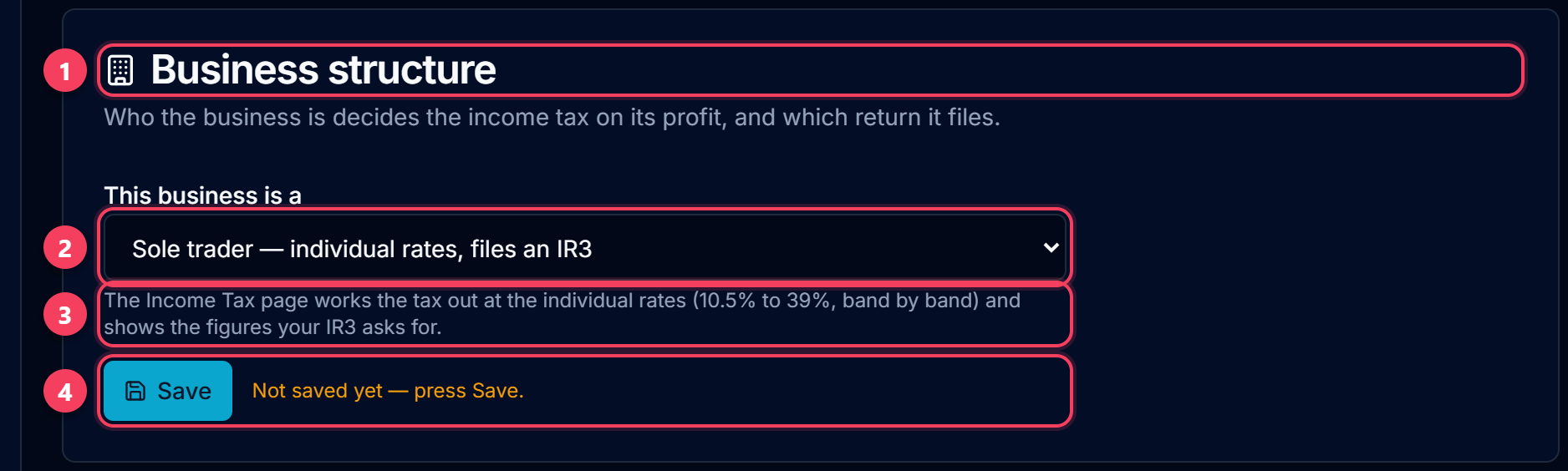 The Business structure card in Settings with Sole trader selected and the Save button showing