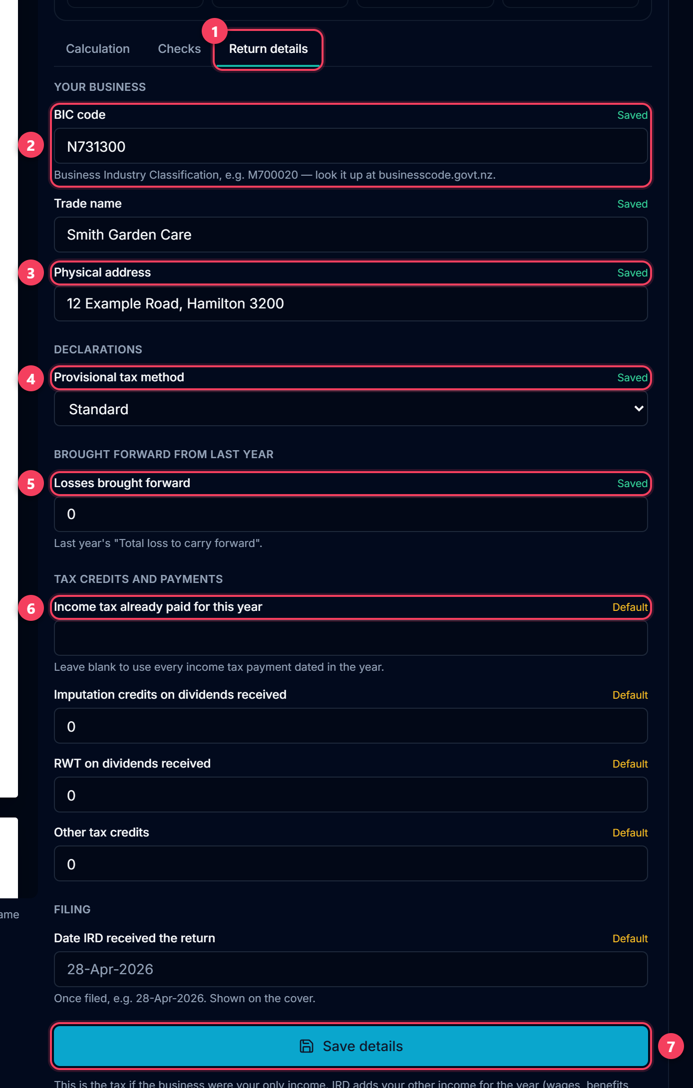 The Return details tab with the BIC code, trade name, provisional tax method, losses brought forward and the Save details button