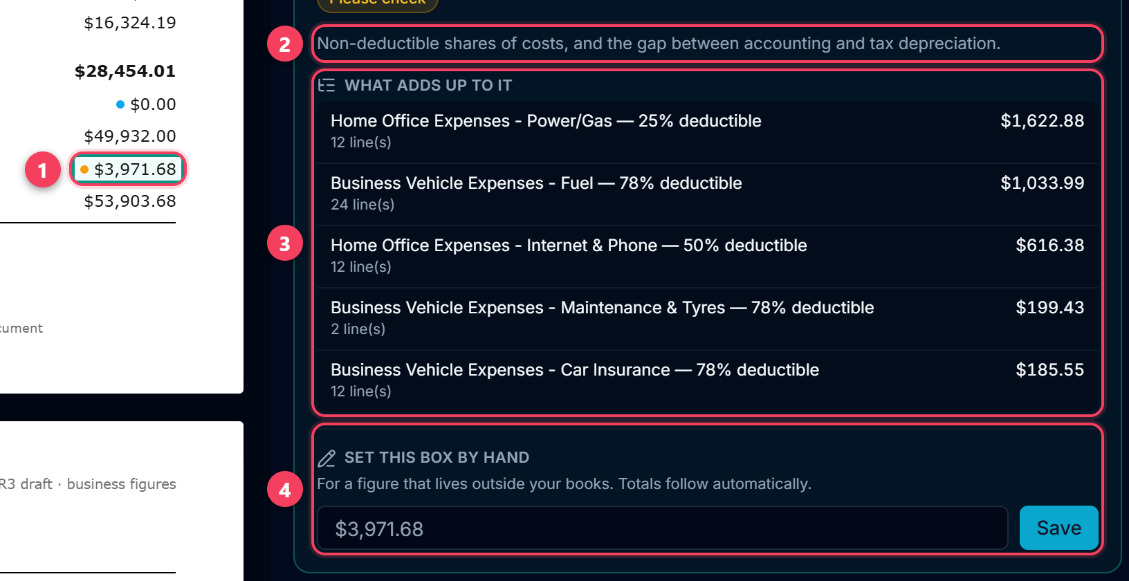 Tax adjustments selected on the return, with its breakdown open on the right