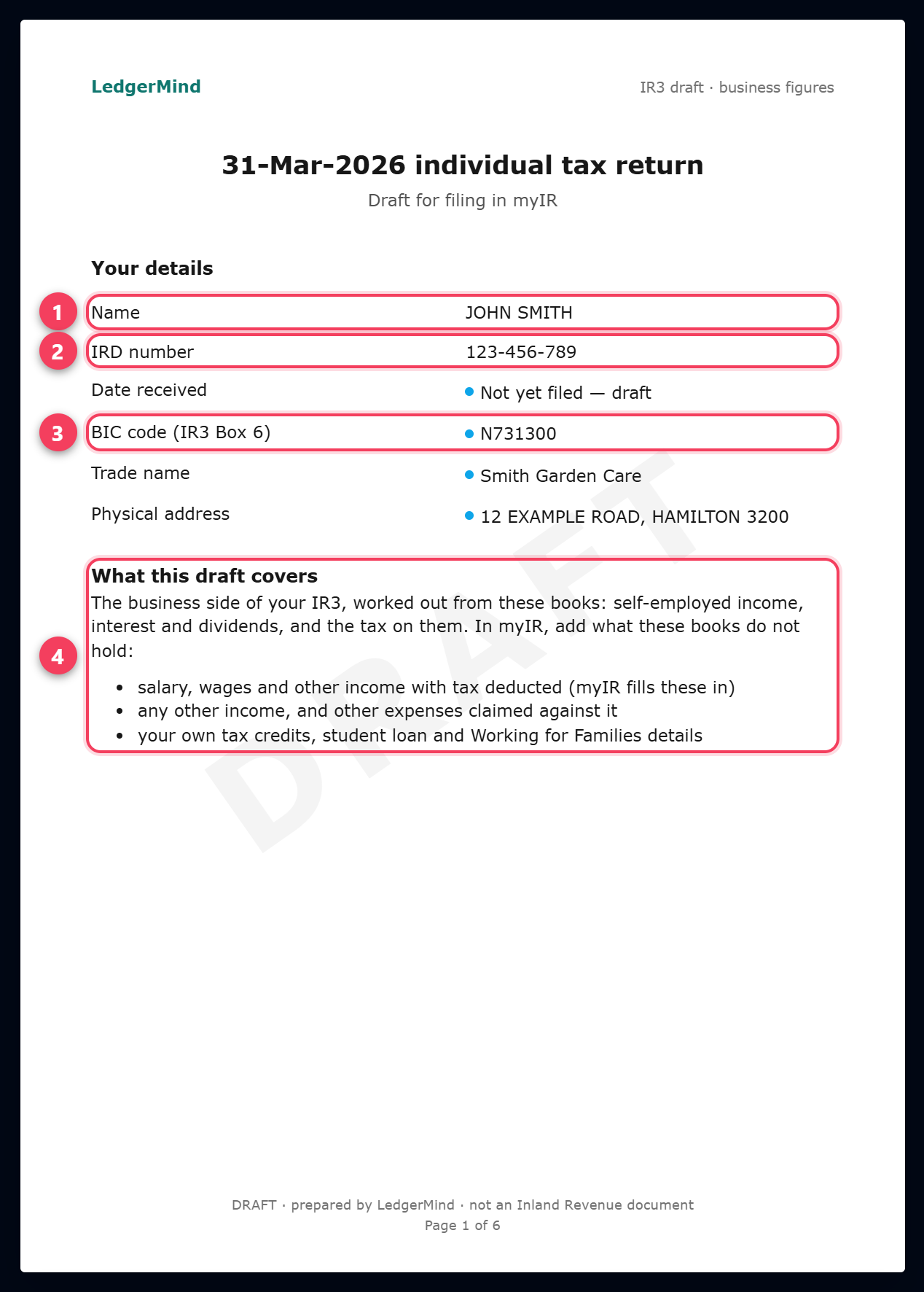 Page 1 of the draft: name, IRD number, BIC code and what the draft covers