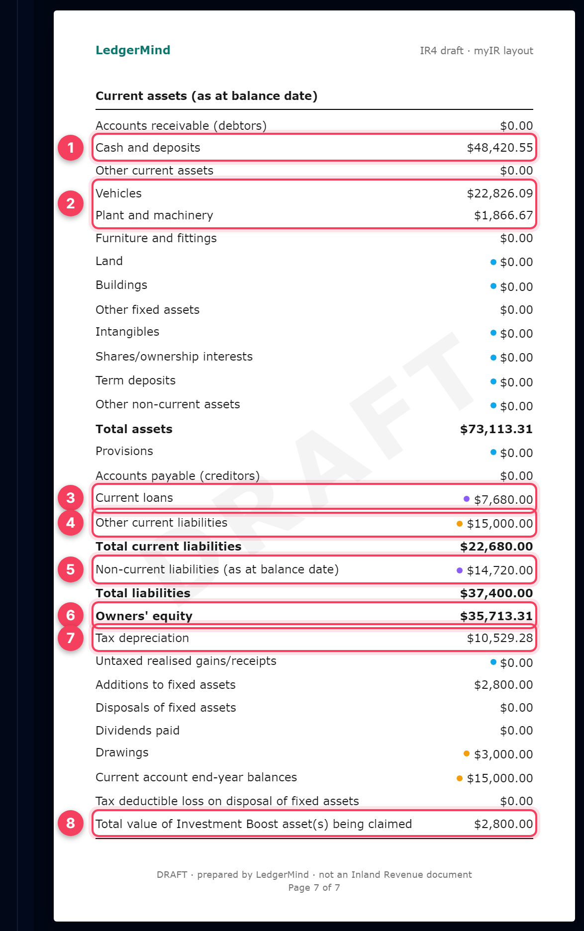Page 7 of the return: the IR10 balance sheet and other information