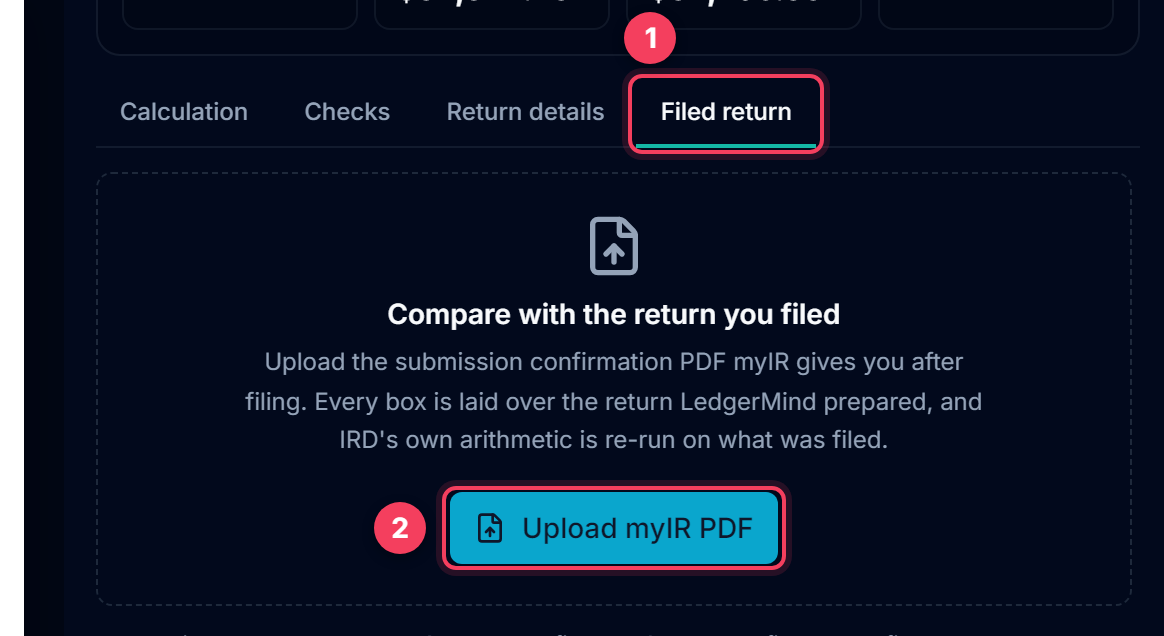 The Filed return tab with the Upload myIR PDF button