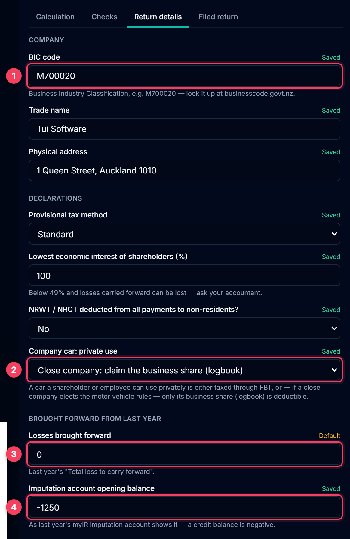 Return details form with the BIC code, company car private use, losses brought forward and imputation opening balance highlighted