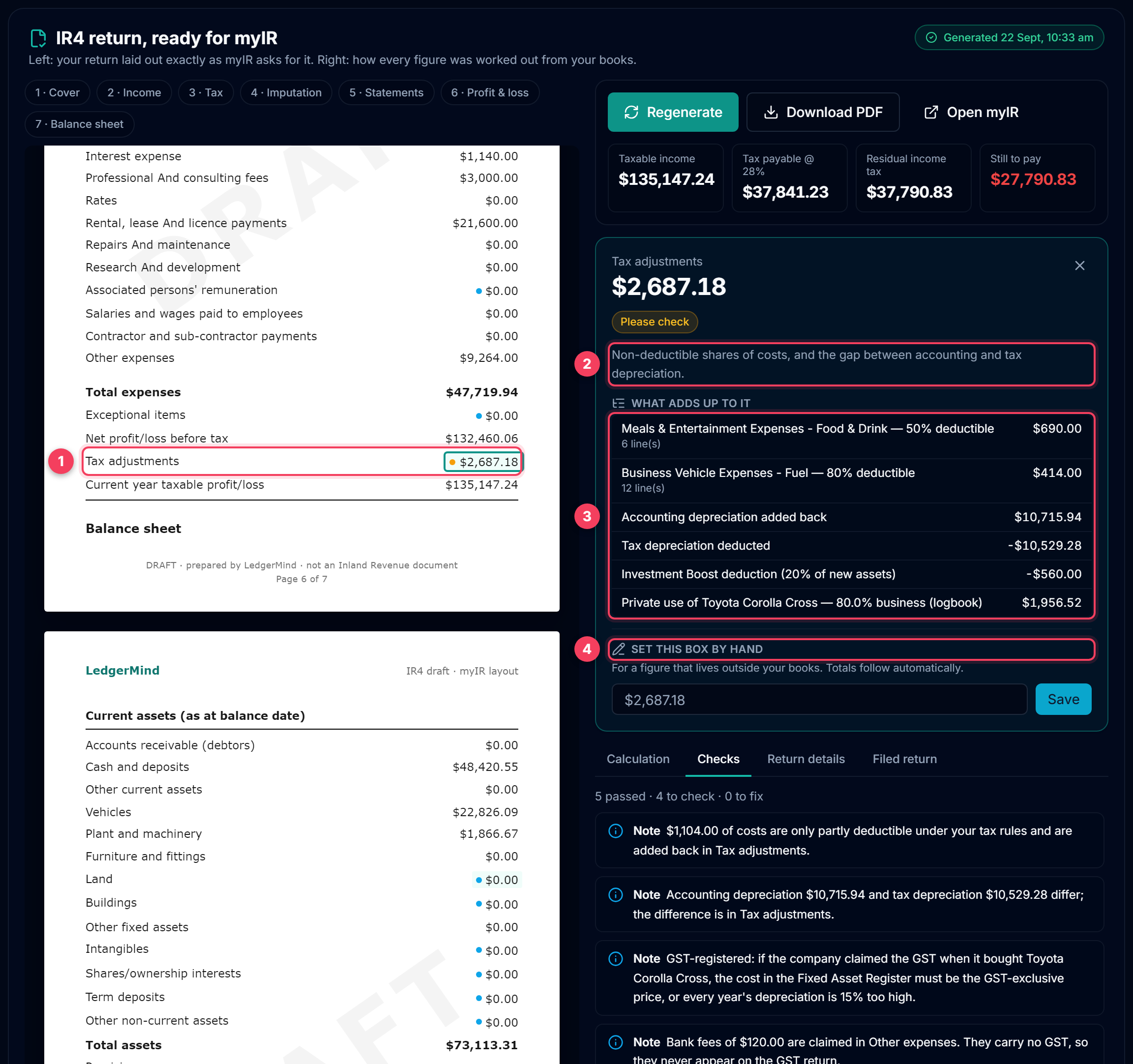 Tax adjustments selected on the return and its breakdown open on the right