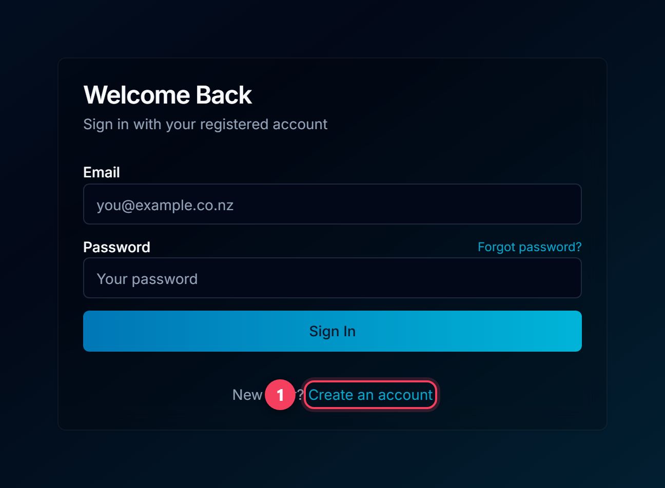 The sign-in card with the create-account link underneath it