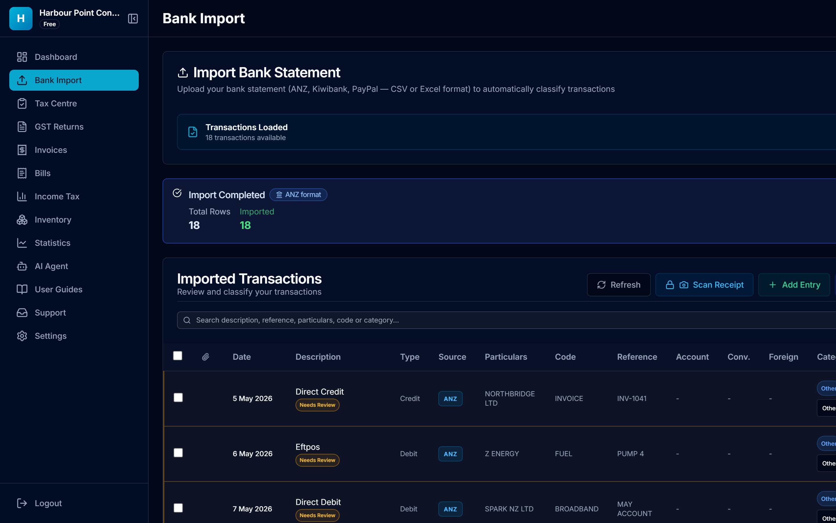 Import summary: 18 of 18 rows imported, recognised as an ANZ export