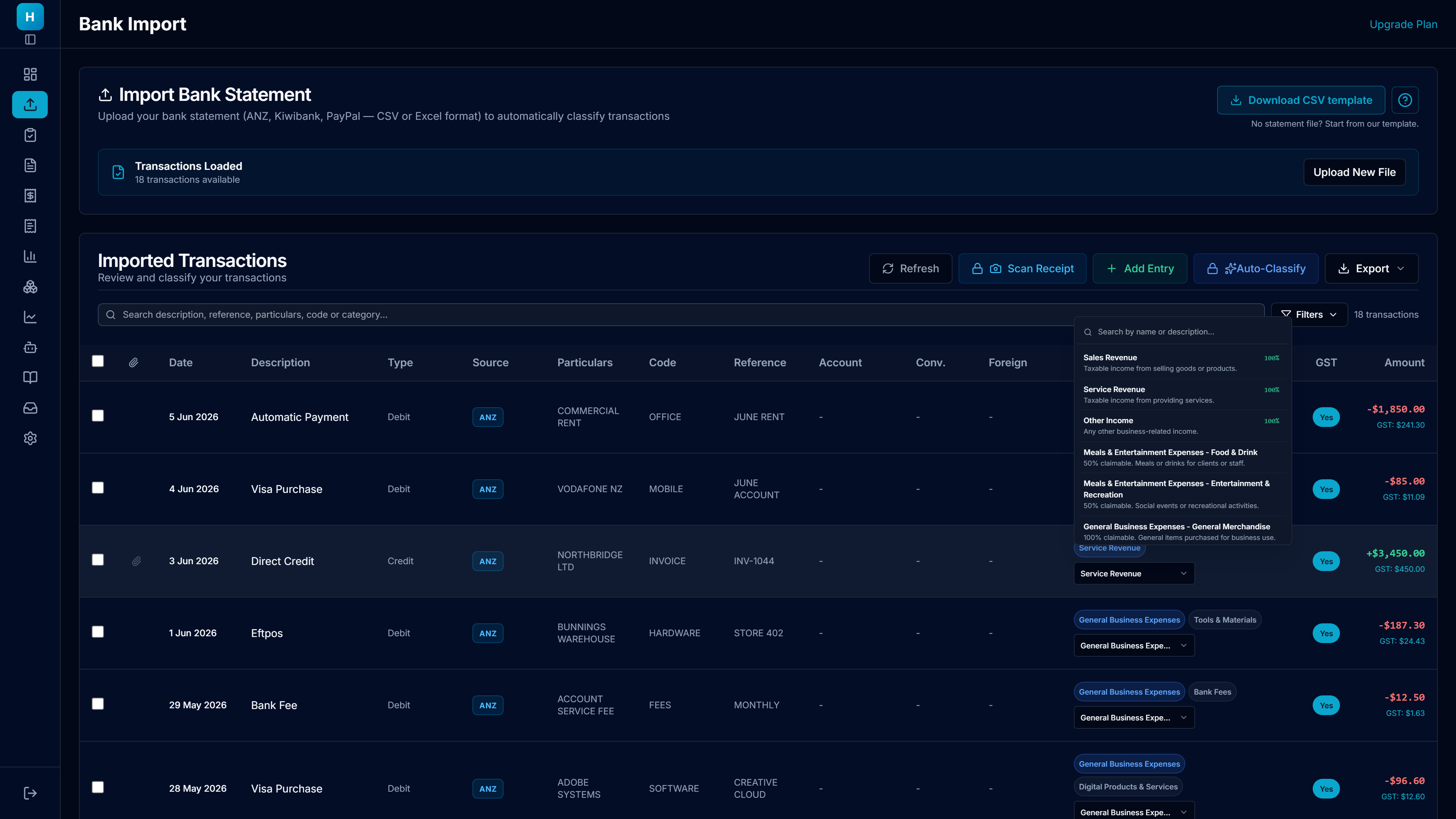 The category picker open over a transaction row