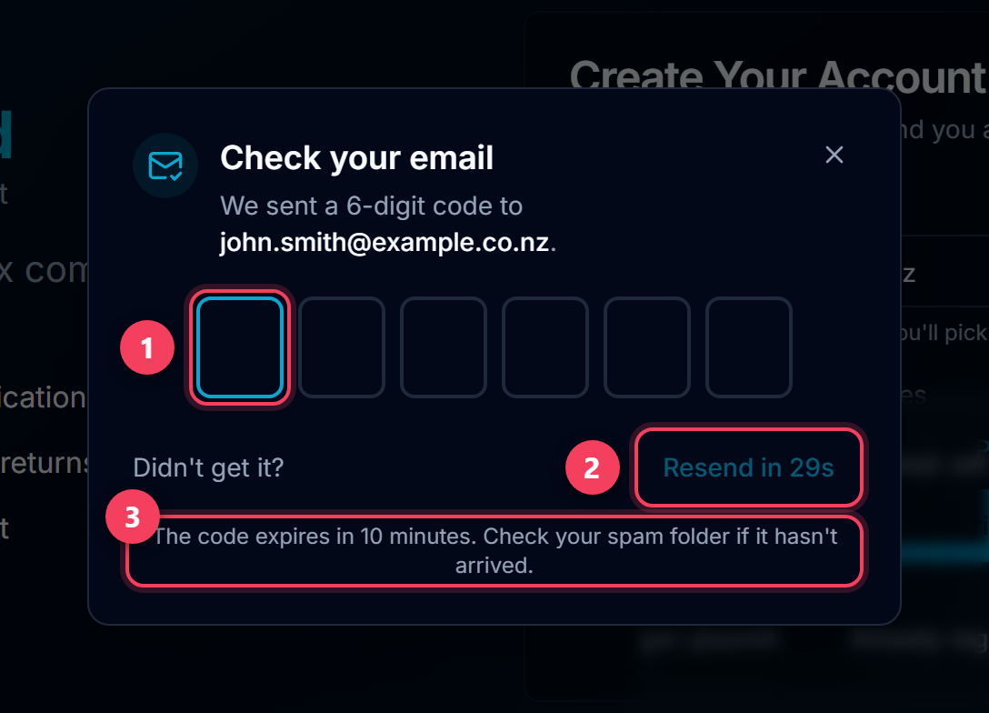The verification code panel with six input boxes