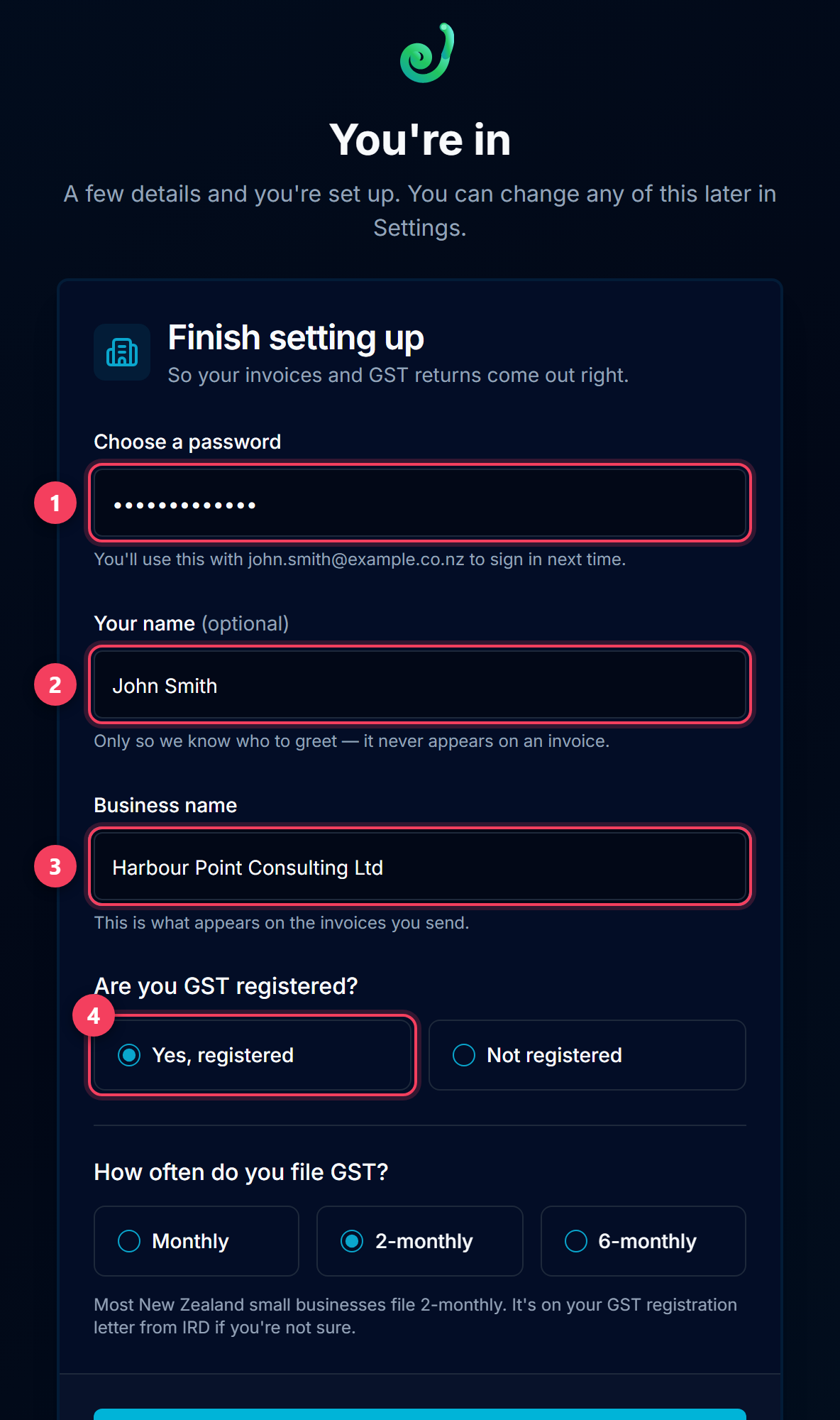 The finish-setting-up screen: password, name, business name and GST registration