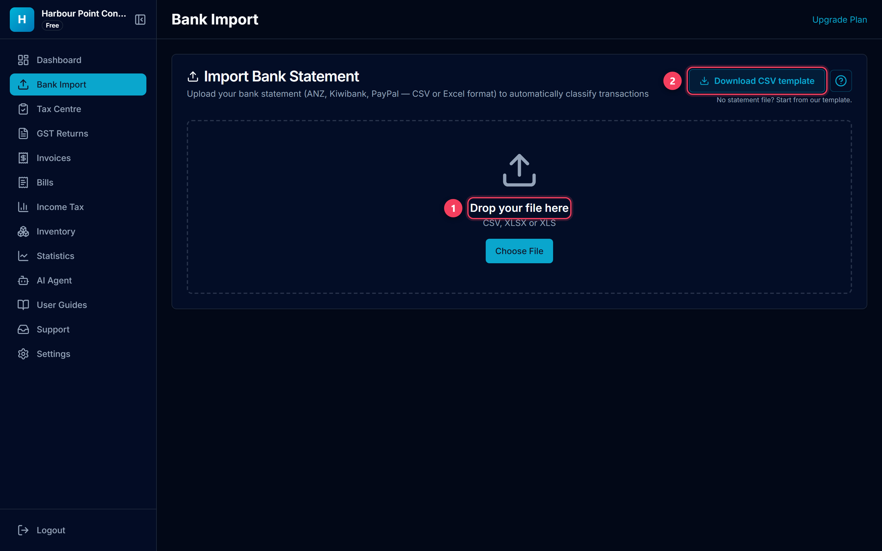 The Bank Import drop zone