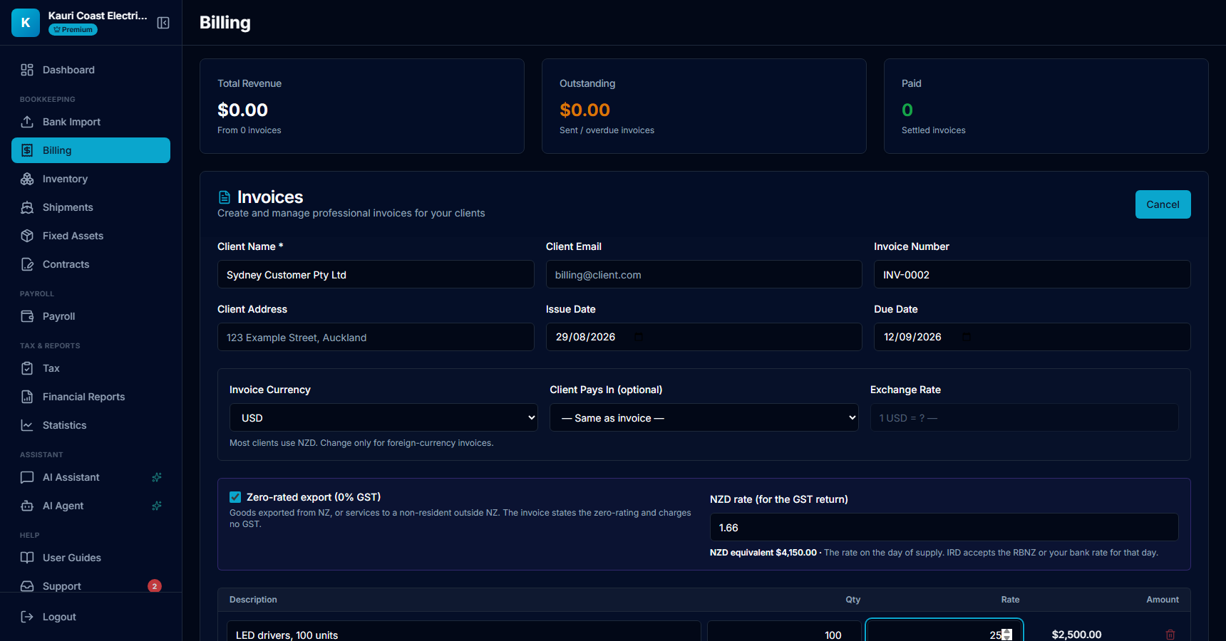 The invoice form with currency USD, the Zero-rated export box ticked and an NZD rate giving the NZD equivalent