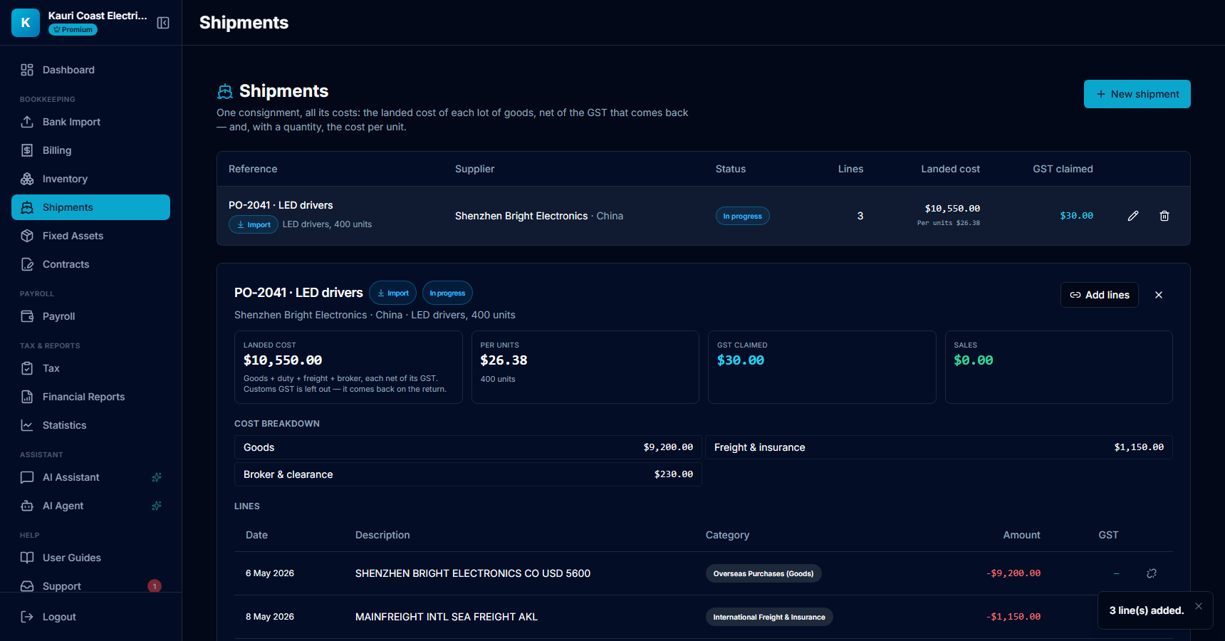 The Shipments page with shipment PO-2041 open: landed cost, cost per unit, GST claimed, a cost breakdown and the three linked bank lines
