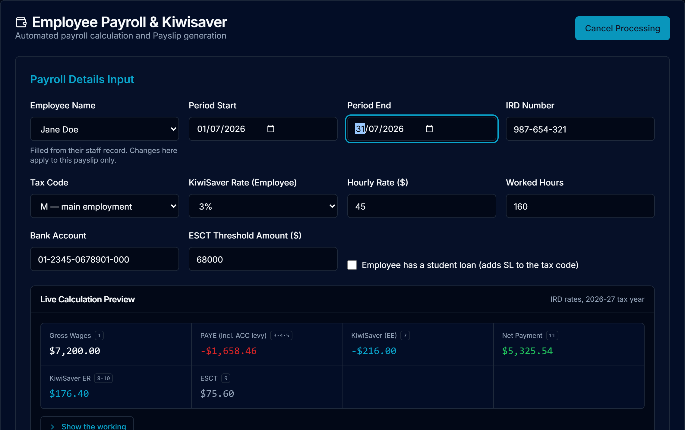 The pay form filled in for an employee, with a live calculation preview showing gross, PAYE, KiwiSaver, ESCT and net pay