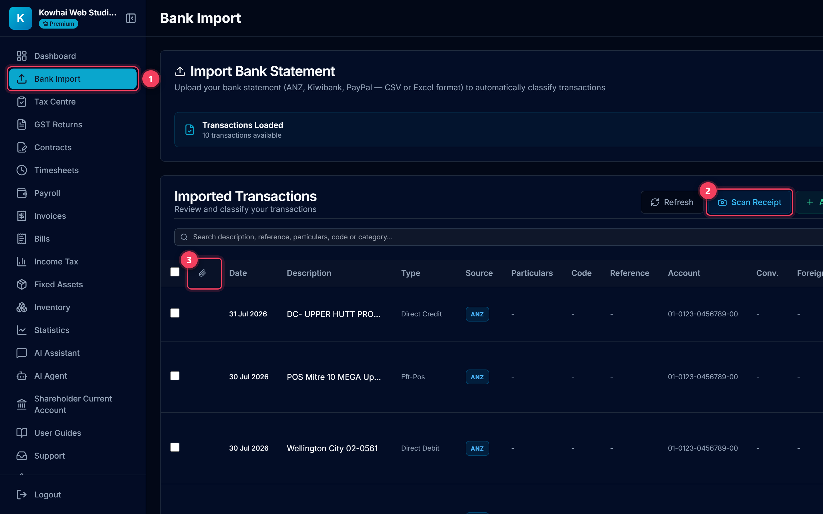 Bank Import page with the sidebar item, the Scan Receipt button and the evidence column highlighted