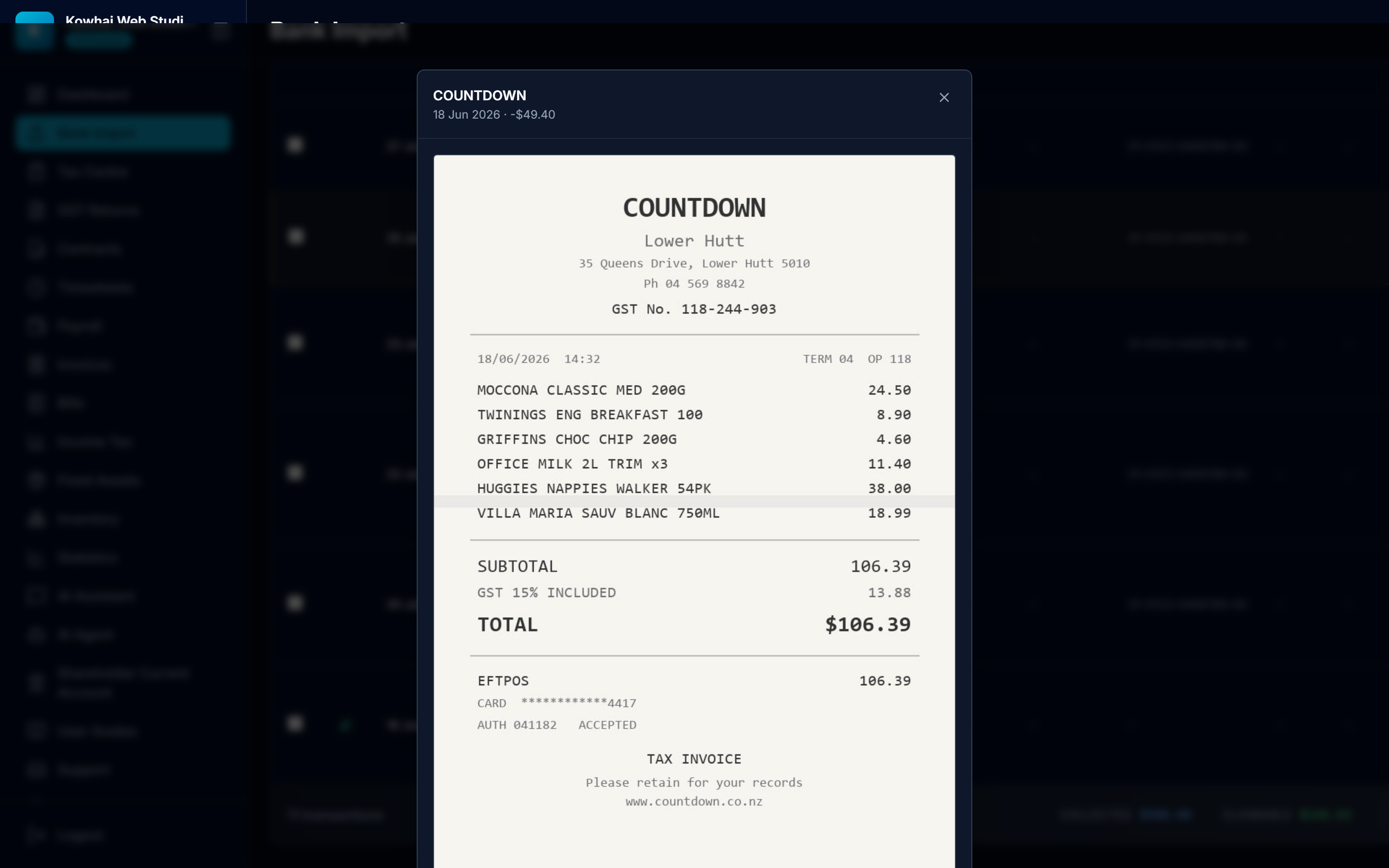The stored receipt shown against its transaction