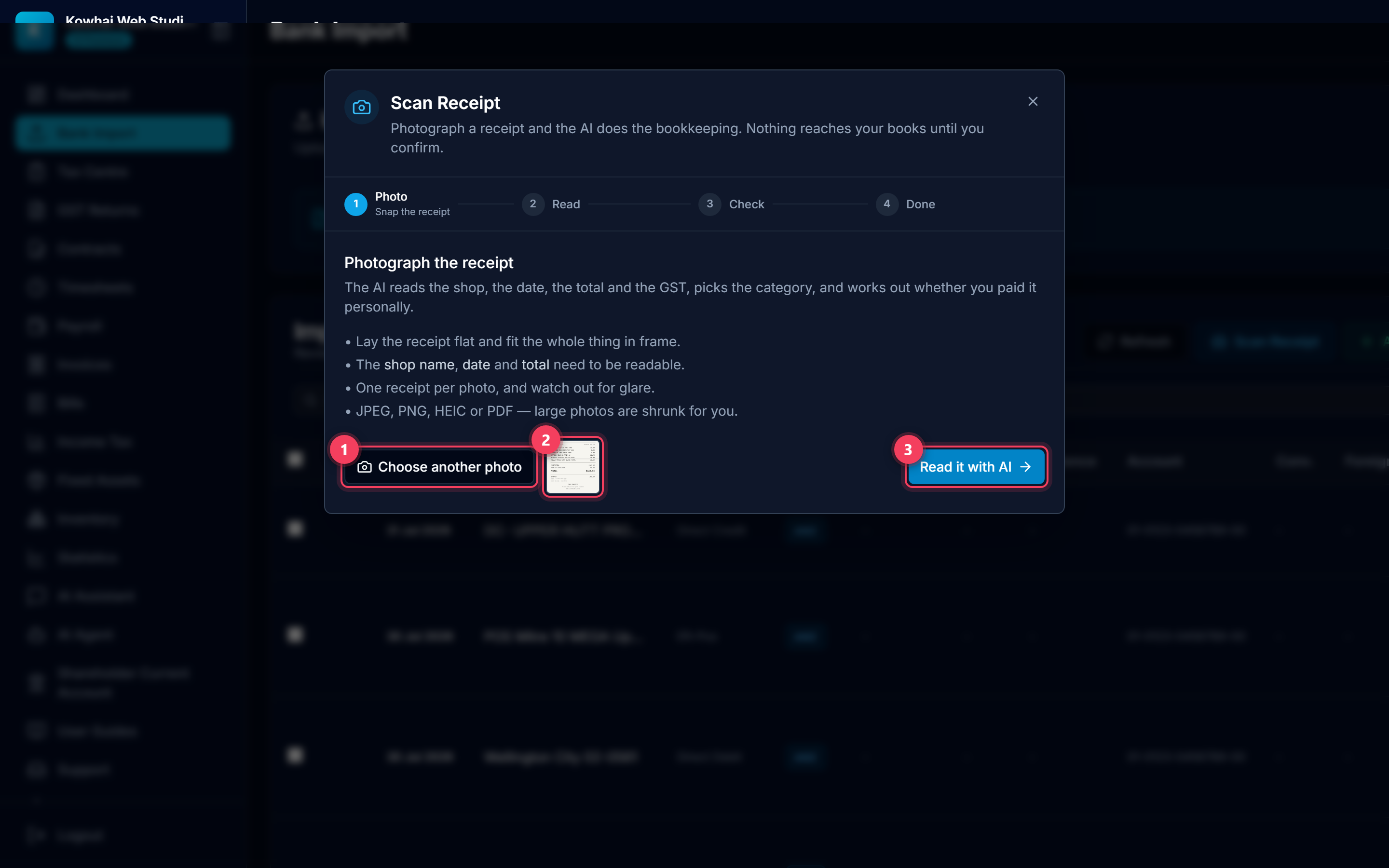 Step 1 of the wizard with the file picker, the thumbnail and the Read it with AI button