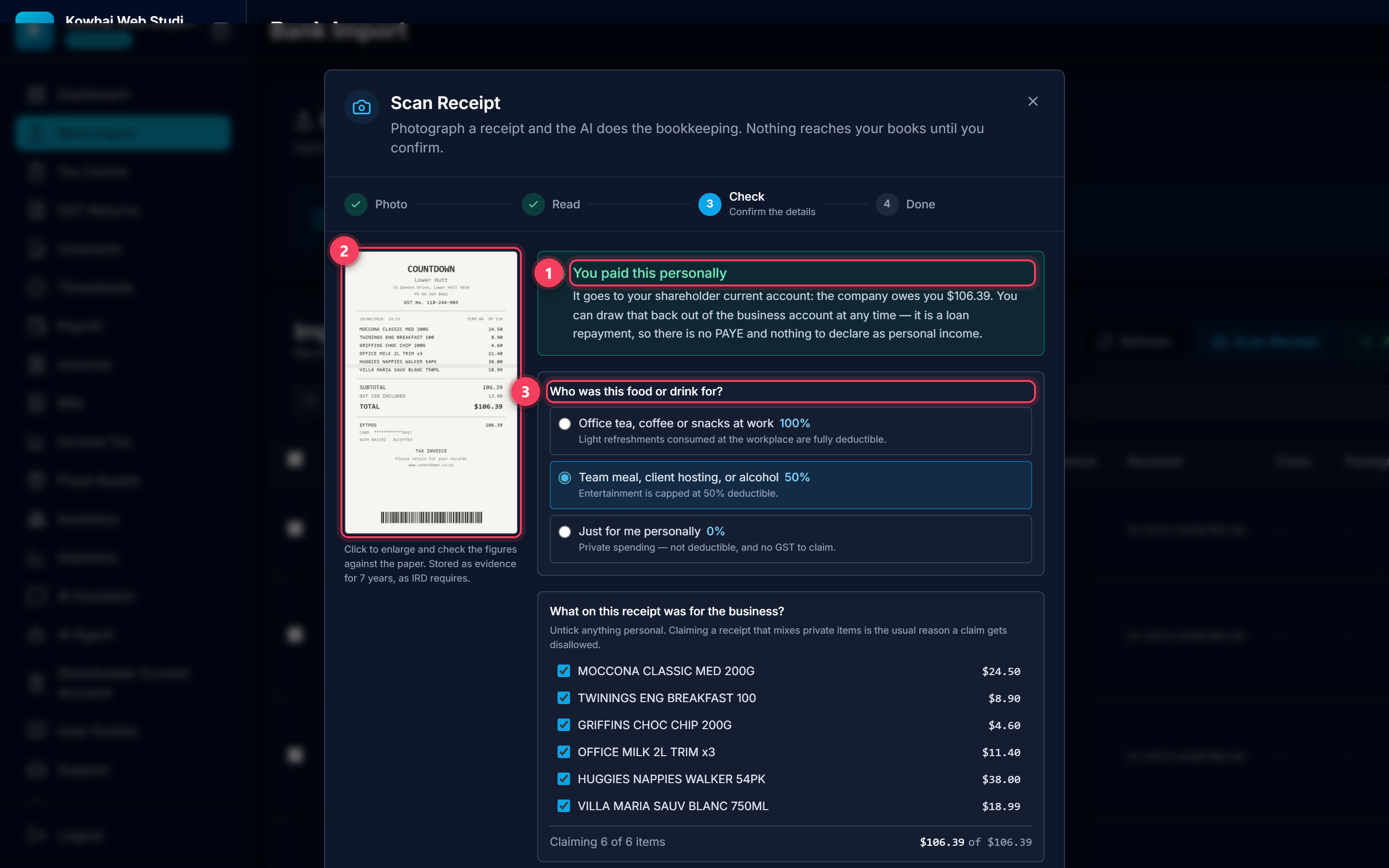 Check step showing the attribution card, the receipt thumbnail and the deductibility question