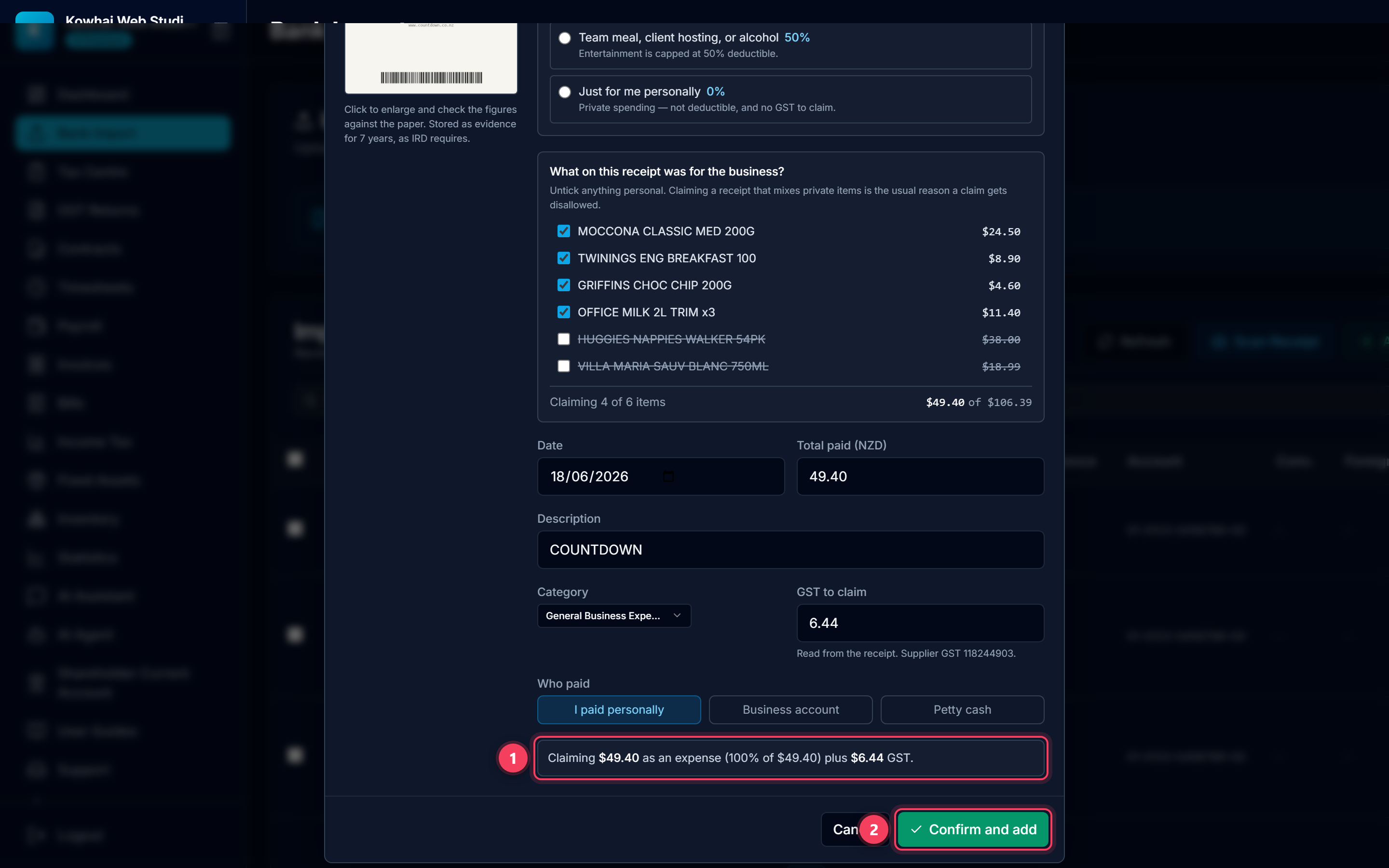 The claim summary line and the Confirm and add button