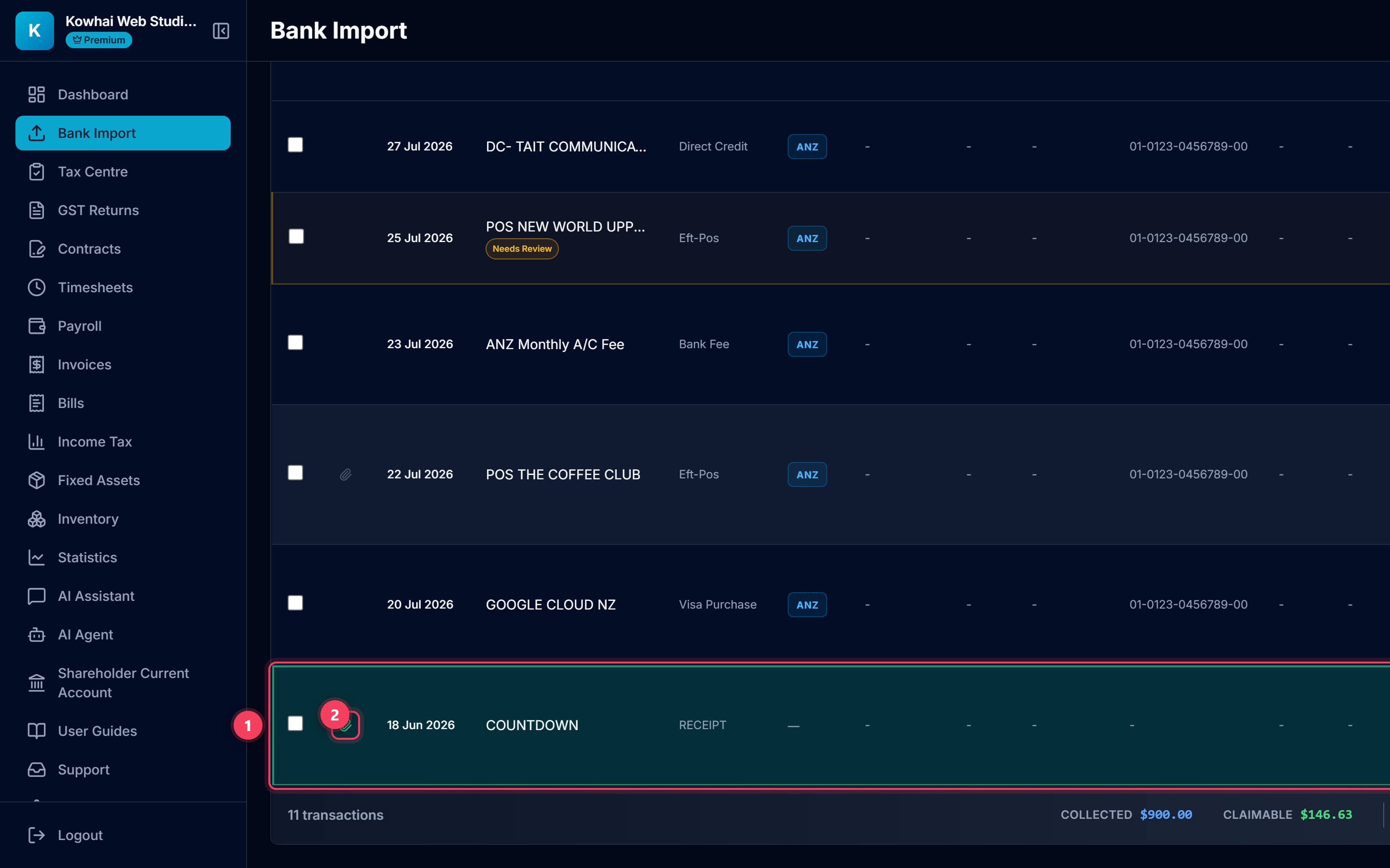 The new Countdown entry highlighted green in the transaction list with a green paperclip
