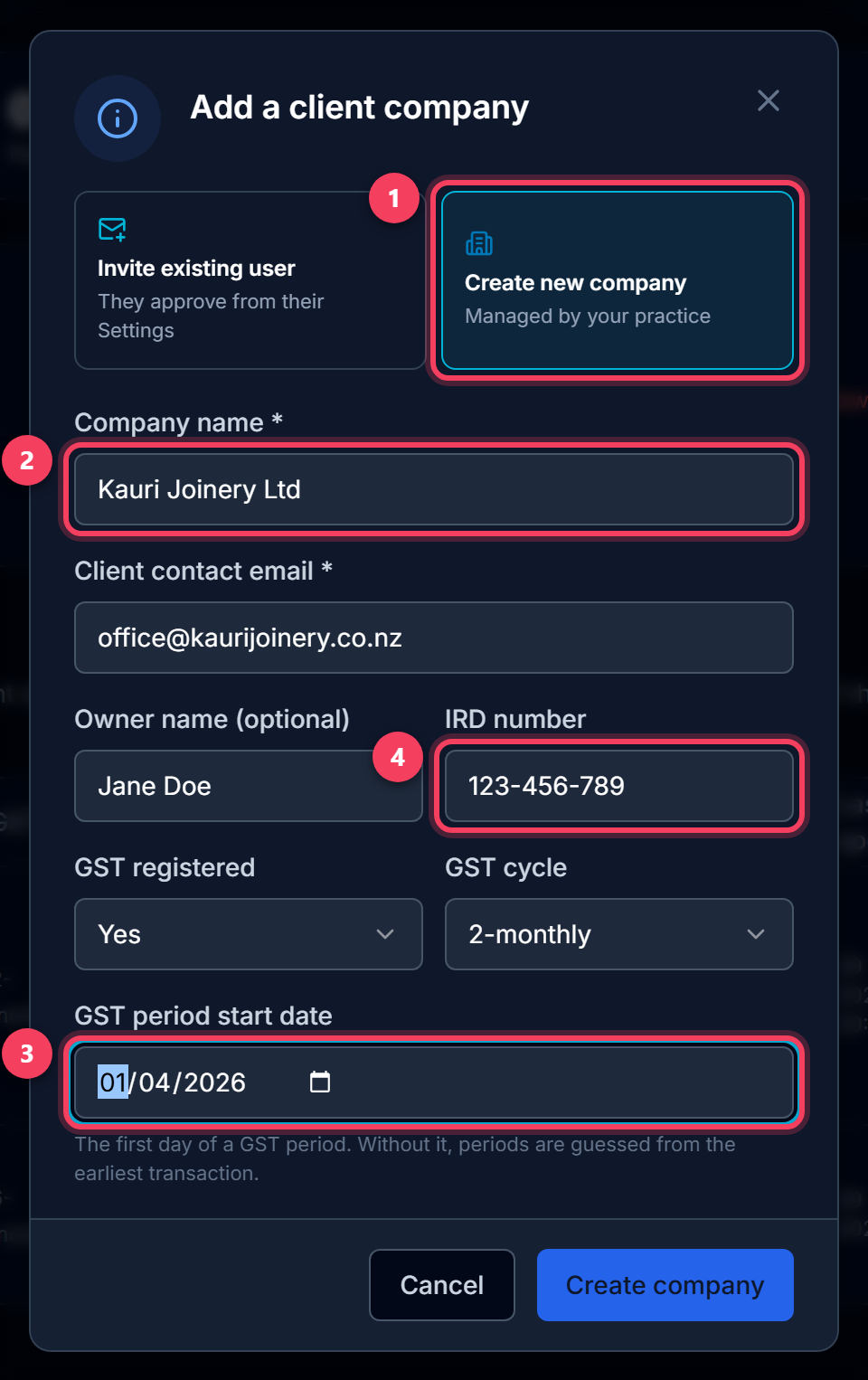 The Add a client company form in Create mode, with the GST and IRD fields highlighted