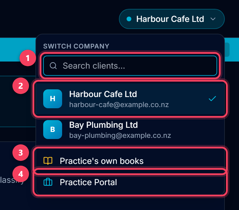 The company switcher open, showing the search box, the client list, Practice's own books and Practice Portal