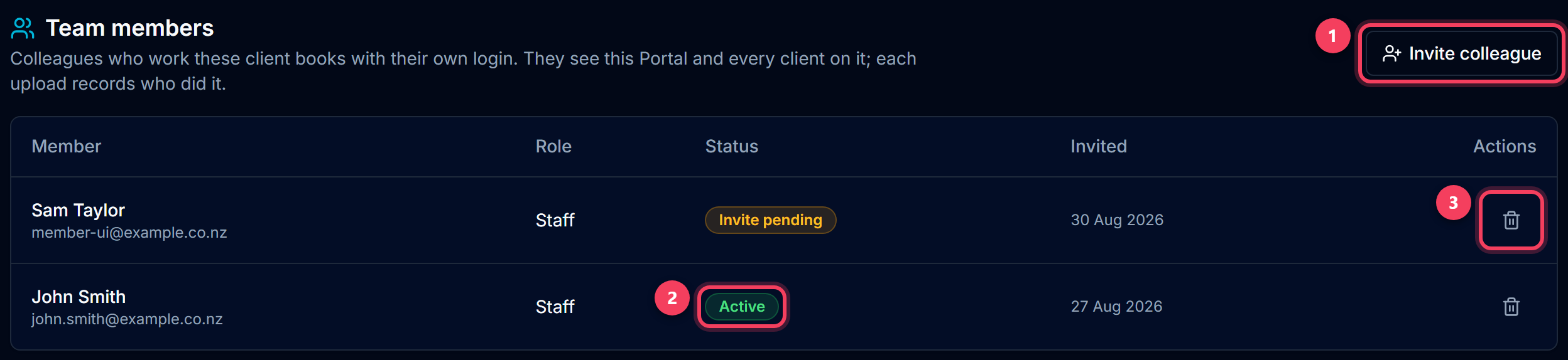 The Team members section with the Invite colleague button, a pending and an active seat, and Remove seat highlighted